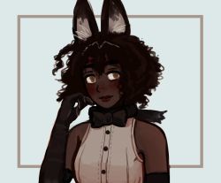 Rule 34 | 1girl, animal ear fluff, animal ears, bare shoulders, big hair, blush, bow, bowtie, brown eyes, buttons, closed mouth, commentary, dark-skinned female, dark skin, elbow gloves, english commentary, gloves, grey hair, hand on own cheek, hand on own face, hand up, io (onisarashi), kemono friends, light smile, lips, looking at viewer, medium hair, multicolored hair, original, shirt, sleeveless, sleeveless shirt, solo, two-tone hair, upper body