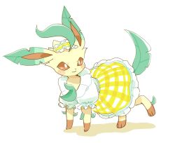 Rule 34 | animal focus, blouse, blush, bonnet, brown fur, brown sclera, checkered clothes, checkered dress, checkered skirt, clothed pokemon, collar, colored sclera, creatures (company), dress, frilled collar, frilled dress, frills, game freak, gen 4 pokemon, grass, highres, koke ojisan, leaf, leafeon, leafeon (checkered), nintendo, no humans, pokemon, pokemon (creature), pokemon unite, puffy short sleeves, puffy sleeves, shirt, short sleeves, skirt, solo, white background, white dress, white eyes, yellow fur, yellow skirt