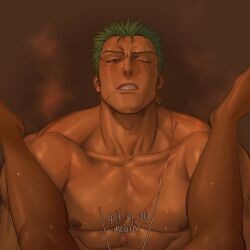 Rule 34 | 1boy, 1other, abs, bara, blush, dark-skinned male, dark skin, english text, green hair, implied sex, juhi-huji, large pectorals, legs on another&#039;s shoulders, looking at viewer, male focus, muscular, muscular male, nipples, nude, one eye closed, one piece, paid reward available, pectorals, pov, roronoa zoro, scar, scar across eye, short hair, solo focus, steaming body, stitches, sweat, taker pov, upper body