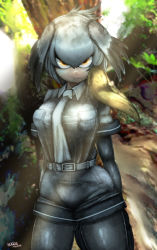 Rule 34 | 10s, 1girl, alternate breast size, belt, bird tail, bird wings, black hair, blonde hair, bodystocking, breast pocket, breasts, bugge man, closed mouth, collared shirt, cowboy shot, day, grey hair, grey necktie, grey pantyhose, grey shirt, grey shorts, hair between eyes, hair over shoulder, head wings, highres, kemono friends, layered sleeves, light smile, long hair, long sleeves, low ponytail, multicolored hair, necktie, orange eyes, outdoors, pantyhose, pocket, shirt, shoebill (kemono friends), short over long sleeves, short sleeves, shorts, side ponytail, solo, standing, staring, tail, taut clothes, taut shirt, upper body, wing collar, wings