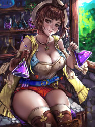 Rule 34 | 1girl, atelier (series), atelier ryza, atelier ryza 1, bare shoulders, belt, blue belt, breasts, bridal legwear, brown belt, brown eyes, brown gloves, brown hair, cleavage, closed mouth, collarbone, emerald-weapon, flask, gloves, head tilt, indoors, jacket, jewelry, large breasts, leather, leather belt, leather gloves, looking at viewer, necklace, red shorts, reisalin stout, round-bottom flask, shelf, short hair, short shorts, shorts, single glove, sitting, sleeveless, sleeveless jacket, smile, solo, star (symbol), star necklace, thick thighs, thighhighs, thighs, vial, white headwear, window, yellow jacket