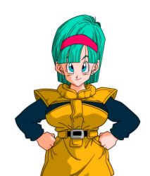 Rule 34 | 1girl, belt, belt buckle, blue eyes, blunt bangs, bodysuit, breasts, buckle, bulma, closed mouth, collar, cowboy shot, dragon ball, dragonball z, earrings, female focus, green hair, hairband, hands on own hips, happy, jewelry, large breasts, looking at viewer, namek, popped collar, red hairband, short hair, smile, solo, standing, transparent background, yamamoto doujin, yellow bodysuit