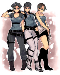 Rule 34 | 3girls, arm at side, arm on another&#039;s shoulder, belt, beret, capcom, clothes around waist, fingerless gloves, gloves, hat, highres, jill valentine, looking at viewer, military, military hat, military uniform, multiple girls, multiple persona, ponytail, raven croow, resident evil, resident evil 1, resident evil 3, resident evil 3: nemesis, resident evil 5, short hair, skirt, strapless, tube top, uniform