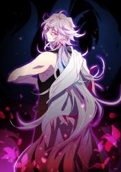 Rule 34 | 1boy, androgynous, bishounen, black pants, black shirt, bug, butterfly, fate/grand order, fate (series), heeparang, highres, insect, long hair, looking back, merlin (fate), messy hair, multicolored background, pale skin, pants, petals, purple eyes, shirt, silver hair, sleeveless, sleeveless shirt, very long hair