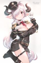 Rule 34 | 1girl, belt, boots, breasts, cleavage cutout, clothing cutout, draph, epaulettes, granblue fantasy, hair over one eye, hat, highres, horns, large breasts, light purple hair, looking at viewer, military, military uniform, narmaya (granblue fantasy), necktie, paw pose, peaked cap, pointy ears, red eyes, solo, uniform, watao
