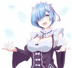 Rule 34 | 10s, 1girl, blue eyes, blue hair, breasts, cleavage, commentary, detached sleeves, falling feathers, fangs, feathers, frilled sleeves, frills, hair ornament, hair over one eye, hashimoto (frog flag), looking at viewer, maid, maid headdress, medium breasts, open mouth, purple ribbon, re:zero kara hajimeru isekai seikatsu, rem (re:zero), ribbon, ribbon-trimmed clothes, ribbon trim, short hair, smile, solo, underbust, upper body, wide sleeves, x hair ornament