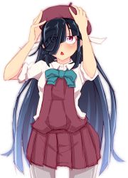 Rule 34 | 10s, 1girl, :&lt;, absurdres, beret, black hair, blush, bow, bowtie, dress, eyes visible through hair, gradient hair, hair over one eye, hair ribbon, hands on headwear, hands up, hat, hayashimo (kancolle), highres, kantai collection, long hair, long sleeves, looking up, multicolored hair, open mouth, pantyhose, purple eyes, purple pantyhose, ribbon, ru2n131, school uniform, shirt, sleeveless, sleeveless dress, sleeves rolled up, solo, triangle mouth, very long hair, white shirt