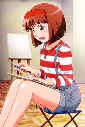 Rule 34 | 1girl, blush stickers, brown eyes, brown hair, canvas (object), feet out of frame, hairband, holding, holding pen, kayama tamami, long sleeves, non-web source, notebook, official art, on chair, on lap, open mouth, pen, photoshop (medium), shirt, short hair, shorts, sitting, solo, striped clothes, striped shirt, super real mahjong, suspender shorts, suspenders, tanaka ryou