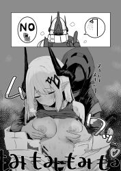 Rule 34 | absurdres, arknights, blush, bra, bra lift, breasts, closed eyes, demon horns, doctor (arknights), grabbing, grabbing another&#039;s breast, greyscale, highres, hood, hooded coat, hooded jacket, horns, inukaki11, jacket, mask, material growth, monochrome, mudrock (arknights), mudrock (elite ii) (arknights), nipples, oripathy lesion (arknights), pointy ears, smelling, sports bra, steam, underwear
