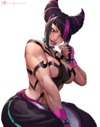 Rule 34 | 1girl, aqua eyes, baggy pants, black hair, bracelet, breasts, candy, chest harness, collar, crazy eyes, crazy straw, diagonal bangs, drinking straw, fingerless gloves, fingernails, food, gloves, green nails, hair horns, han juri, hand up, harness, heterochromia, holding, holding candy, holding food, holding lollipop, jewelry, large breasts, licking, lips, lollipop, looking at viewer, multicolored hair, muscular, muscular female, nail polish, no shirt, open mouth, pants, patreon logo, pink eyes, pink hair, rejean dubois, simple background, sitting, smile, solo, spiked bracelet, spiked collar, spikes, street fighter, street fighter 6, toned, tongue, tongue out, two-tone hair, watermark, web address, white background