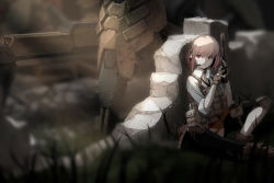Rule 34 | 1girl, absurdres, against wall, ankle boots, belt pouch, blurry, boots, choker, closed mouth, concrete, depth of field, dress shirt, eyelashes, female commander (girls&#039; frontline), finger on trigger, fingerless gloves, gentiane (girls&#039; frontline), girls&#039; frontline, gloves, grass, gun, headset, hiding, highres, holding, holding gun, holding weapon, knee pads, lips, looking to the side, manticore (girls&#039; frontline), mecha, medium hair, non-humanoid robot, outdoors, pink hair, popped button, pouch, red eyes, robot, rubble, sack, sbbs, shirt, shooting gloves, sitting, solo, spider tank, sunlight, tactical clothes, thigh pouch, thigh strap, tsurime, vest pouch, wall, weapon, weapon request, white shirt