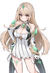 Rule 34 | 1girl, absurdres, bare shoulders, breasts, brown eyes, chest jewel, circlet, cleavage, cleavage cutout, closed mouth, clothing cutout, dress, earrings, elbow gloves, etoria, gloves, highres, jewelry, large breasts, light brown hair, long hair, looking at viewer, mythra (xenoblade), simple background, solo, swept bangs, white background, white dress, white gloves, xenoblade chronicles (series), xenoblade chronicles 2