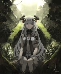 Rule 34 | 1girl, bad perspective, bare shoulders, dated, flower, grey eyes, hair flower, hair ornament, hand on lap, horns, long hair, looking at viewer, nature, original, rayvon, ribbon, sidelocks, on ground, solo, thighhighs, white hair