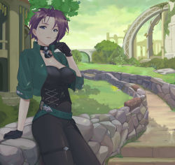 Rule 34 | absurdres, armor, armored dress, belt, black gloves, black hair, breasts, cleavage, collar, corset, fire emblem, fire emblem: three houses, gloves, green jacket, highres, jacket, large breasts, looking at viewer, nintendo, open clothes, pale skin, quatthro, shadow, shamir nevrand, short hair, shoulder armor, solo, stone, template, tree