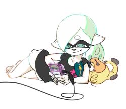 Rule 34 | + +, 1girl, casual, character doll, creatures (company), game boy, game boy (original), game freak, game link cable, green eyes, hair down, handheld game console, inkling, lying, marie (splatoon), nintendo, official art, on side, playing games, pointy ears, pokemon, pokemon rgby, shirt, shorts, simple background, smile, splatoon (series), splatoon 1, t-shirt, tentacle hair, white background, zapfish