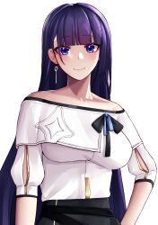 Rule 34 | 1girl, absurdres, bare shoulders, black bow, blue eyes, bow, breasts, commentary request, earrings, highres, honkai (series), honkai impact 3rd, jewelry, large breasts, long hair, looking at viewer, off-shoulder shirt, off shoulder, purple hair, pyeong-il pyeongil, raiden mei, raiden mei (apho), shirt, shirt bow, short sleeves, simple background, smile, solo, upper body, very long hair, white background, white shirt
