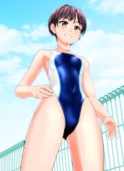 Rule 34 | 1girl, absurdres, black hair, blue one-piece swimsuit, blue sky, breasts, brown eyes, cameltoe, cloud, commentary request, competition swimsuit, covered navel, day, fence, from below, grin, groin, hand on own hip, highleg, highleg swimsuit, highres, looking at viewer, multicolored clothes, multicolored swimsuit, one-piece swimsuit, original, outdoors, sky, small breasts, smile, solo, swimsuit, takafumi, tomboy, two-tone swimsuit