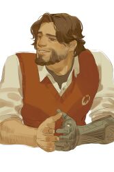 Rule 34 | 1boy, arm hair, beard, brown eyes, brown hair, cassidy (overwatch), chengongzi123, collared shirt, cropped torso, facial hair, grin, highres, looking to the side, male focus, mechanical arms, overwatch, overwatch 1, red vest, shirt, short hair, simple background, single mechanical arm, smile, solo, sweater vest, upper body, vest, white background