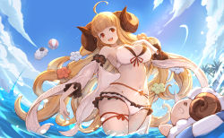 Rule 34 | 1girl, :d, ahoge, anila (granblue fantasy), anila (summer) (granblue fantasy), bikini, blonde hair, blue sky, breasts, cloud, day, detached sleeves, draph, granblue fantasy, highres, horns, large breasts, long hair, navel, open mouth, partially submerged, red eyes, sheep, sheep horns, sky, smile, solo, swimsuit, tenshin kagehisa, water