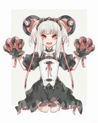 Rule 34 | 1girl, belt buckle, black dress, buckle, claws, dress, fang, gloves, hair ornament, headgear, heart, highres, iralion, medium hair, open mouth, original, paw pose, red eyes, simple background, solo, standing, tongue, white background, white hair