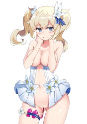 Rule 34 | 1girl, barbara (genshin impact), barbara (summertime sparkle) (genshin impact), blonde hair, blue eyes, blush, breasts, cleft of venus, cowboy shot, drill hair, genshin impact, half-closed eyes, highres, looking at viewer, medium breasts, navel, nipples, official alternate costume, pussy, pussy juice, romantic meow, sex toy, simple background, smile, solo, twin drills, twintails, uncensored, vibrator, white background