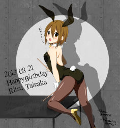 Rule 34 | 1girl, 2013, animal ears, artist name, ass, birthday, blush, breasts, brown eyes, brown hair, rabbit ears, rabbit tail, character name, dated, detached collar, drumsticks, fake animal ears, hair between eyes, high heels, holding, k-on!, knee up, looking at viewer, looking back, matching hair/eyes, medium breasts, official style, on table, open mouth, pantyhose, playboy bunny, ragho no erika, reflection, shadow, short hair, signature, solo, table, tail, tainaka ritsu, teeth, thighs