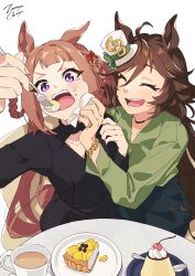 Rule 34 | 2girls, absurdres, ahoge, animal ears, artist name, black dress, blush, breasts, brown hair, collared shirt, cup, dress, eating, food, food on face, fork, green eyes, hair ornament, hair rings, hairclip, hat, highres, holding, holding fork, horse ears, jewelry, long hair, long sleeves, mini hat, mini top hat, mr. c.b. (umamusume), multiple girls, napkin, necklace, open mouth, pants, pie, pudding, ring, shirt, sitting, small breasts, smile, sweep tosho (umamusume), table, teacup, top hat, umamusume, v-shaped eyebrows, white background, wiping face, zetsuyo chimayo