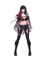 Rule 34 | 1girl, absurdres, aqua eyes, armor, belt, black choker, black footwear, black gloves, black hair, black jacket, black pants, boots, breasts, chain, choker, cleavage, colored inner hair, cropped jacket, cross-laced footwear, earrings, full body, gloves, highres, holding, holding knife, holding weapon, jacket, jewelry, knee boots, knife, lace-up boots, long hair, looking at viewer, mac star, medium breasts, midriff, mole, mole on breast, multicolored clothes, multicolored hair, multicolored jacket, open clothes, open jacket, original, pants, partially fingerless gloves, red hair, red jacket, shoulder armor, simple background, sleeves rolled up, solo, streaked hair, torn clothes, torn legwear, two-tone hair, two-tone jacket, very long hair, weapon, white background