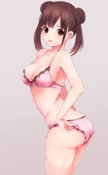 Rule 34 | 1girl, :o, adjusting clothes, adjusting panties, ass, bad id, bad twitter id, bare arms, bare legs, blunt bangs, blush, bow, bow bra, bra, breasts, brown eyes, brown hair, cleavage, collarbone, double bun, grey background, hair bun, highres, idolmaster, idolmaster shiny colors, lace, lace-trimmed bra, lace-trimmed panties, lace trim, looking at viewer, looking back, medium breasts, open mouth, panties, pink bra, pink panties, ryuu., sideboob, sidelocks, simple background, solo, sonoda chiyoko, underwear, underwear only, white bow