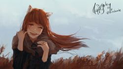 Rule 34 | 1girl, animal ears, brown hair, day, holo, long hair, noccu, one eye closed, open mouth, red eyes, smile, solo, spice and wolf, wheat, wind, wolf ears