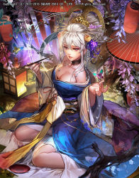 Rule 34 | 1girl, blue kimono, branch, breasts, bug, butterfly, chrysanthemum print, cleavage, cup, emperors saga, fingernails, floral print, flower, hair between eyes, hair flower, hair ornament, hands up, highres, holding, holding smoking pipe, insect, japanese clothes, kimono, lantern, large breasts, liduke, long hair, looking at viewer, obi, off shoulder, official art, oil-paper umbrella, peony print, purple flower, red eyes, ribbon, rose, sakazuki, sash, silver hair, sitting, smoke, smoking pipe, solo, spider lily, umbrella, watermark, yellow flower, yellow ribbon, yellow rose
