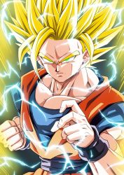 Rule 34 | 1boy, aura, blonde hair, clenched hand, commentary request, dougi, dragon ball, dragonball z, electricity, fighting stance, glowing, glowing eyes, green eyes, highres, kamishima kanon, male focus, muscular, solo, son goku, spiked hair, super saiyan, super saiyan 2, upper body, wristband
