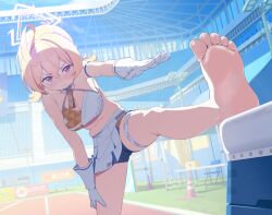 Rule 34 | 1girl, arddiuoooh, barefoot, blonde hair, blue archive, blush, feet, kotori (blue archive), kotori (cheer squad) (blue archive), long hair, looking at viewer, red eyes, soles, stretching, toes