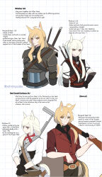 Rule 34 | 2girls, arknights, black vest, blonde hair, commentary, english commentary, gun, highres, holding, holding gun, holding weapon, long hair, looking at viewer, multiple girls, multiple views, nearl (arknights), platinum (arknights), red shirt, red vest, rifle, shirt, smile, supershrimpcakes, sword, vest, weapon, weapon on back, white background, white hair, white shirt, yellow eyes