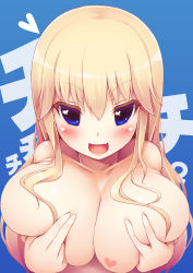 Rule 34 | bad id, bad pixiv id, blonde hair, blue background, blue eyes, breasts, collarbone, covering nipples, covering privates, heart, heart-shaped pupils, large breasts, long hair, md5 mismatch, morita (moritania), resolution mismatch, simple background, solo, symbol-shaped pupils, translation request