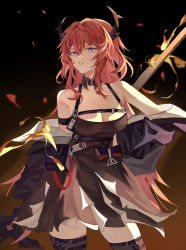 Rule 34 | 1girl, absurdres, arknights, bare shoulders, black background, black dress, black jacket, black thighhighs, breasts, cleavage, collarbone, commentary request, contrapposto, cowboy shot, detached collar, dress, flaming sword, flaming weapon, gradient background, highres, holding, holding sword, holding weapon, horns, jacket, large breasts, long hair, looking at viewer, off shoulder, open clothes, open jacket, orange background, parted lips, purple eyes, red hair, shiba257, sleeveless, sleeveless dress, solo, surtr (arknights), sword, thighhighs, very long hair, weapon, zettai ryouiki