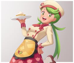 Rule 34 | 1girl, :d, apron, border, breasts, brown footwear, buttons, chef hat, commentary request, cowboy shot, creatures (company), double-breasted, game freak, gazing eye, green eyes, green hair, grey background, hand on own hip, hand up, hat, highres, holding, holding tray, leg up, long hair, long sleeves, looking at viewer, mallow (palentine&#039;s 2023) (pokemon), mallow (pokemon), medium breasts, nintendo, official alternate costume, open mouth, pokemon, pokemon masters ex, shirt, shoes, skirt, smile, solo, swept bangs, teeth, tongue, tray, twintails, upper teeth only, waist apron, white border, yellow apron
