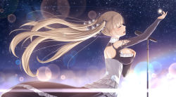 Rule 34 | 1girl, azur lane, blonde hair, breasts, cowboy shot, dress, closed eyes, formidable (azur lane), hair ornament, hand on own chest, huge filesize, large breasts, lens flare, long hair, long sleeves, microphone, microphone stand, music, night, night sky, open mouth, outdoors, outstretched arm, profile, riuji, singing, sky, solo, star (sky), starry sky, twintails, wind