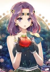 Rule 34 | 10s, 1girl, apple, bow, collarbone, dress, earrings, flower, food, fruit, giving, gloves, hair flower, hair intakes, hair ornament, head wreath, highres, jewelry, kantai collection, looking at viewer, parted lips, purple eyes, purple hair, sheska xue, short hair, solo, sparkle, tatsuta (kancolle)