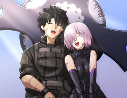 Rule 34 | 1boy, 1girl, armor, bare shoulders, black armor, black gloves, black hair, black shirt, command spell, commentary request, closed eyes, fate/grand order, fate (series), fujimaru ritsuka (male), fujimaru ritsuka (male) (polar chaldea uniform), gloves, hair over one eye, head on another&#039;s shoulder, highres, injury, light purple hair, makka na kedamono, mash kyrielight, one eye closed, open mouth, pointy hair, polar chaldea uniform, shield, shirt, short hair, short sleeves, sitting, smile, teeth, upper body, upper teeth only, weapon