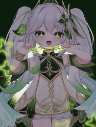 Rule 34 | 1girl, blush, bracelet, commentary, cowboy shot, cross-shaped pupils, detached sleeves, dress, eyelashes, genshin impact, gold trim, green background, green eyes, green hair, green sleeves, grey hair, hair between eyes, hair ornament, hands up, highres, jewelry, leaf hair ornament, long hair, looking at viewer, multicolored hair, nahida (genshin impact), open mouth, pointy ears, print dress, shukusei!! loli-gami requiem, sidelocks, smile, solo, string, symbol-shaped pupils, twintails, two-tone hair, white dress, yuu (yuu1601)