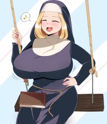 Rule 34 | 1girl, absurdres, book, book on lap, breasts, closed eyes, highres, huge breasts, large breasts, mature female, mole, mole under eye, musical note, nun, open mouth, sitting, smile, solo, swing, swinging