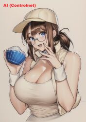 Rule 34 | 1girl, ai-assisted, breasts, brown hair, cleavage, colorized, fio germi, hat, highres, large breasts, long hair, looking at viewer, madsensei, metal slug, open mouth, simple background, smile, solo