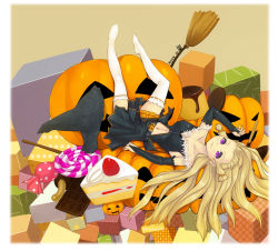 Rule 34 | 00s, 1girl, 2009, bad id, bad pixiv id, blonde hair, broom, cake, cake slice, candy, chocolate, chocolate bar, dated, food, fruit, halloween, hat, jack-o&#039;-lantern, jelly bean, lollipop, long hair, lying, mahito, on back, original, pastry, pudding, pumpkin, purple eyes, solo, strawberry, strawberry shortcake, swirl lollipop, thighhighs, unmoving pattern, white thighhighs, witch hat