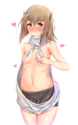 Rule 34 | 10s, 1girl, armpits, bad id, bad nicoseiga id, bike shorts, blush, breasts, brown eyes, brown hair, collarbone, convenient censoring, covering nipples, covering privates, gluteal fold, headband, headgear, heart, highres, kantai collection, looking at viewer, meme attire, navel, pikacchi, ribbed sweater, shiny skin, simple background, small breasts, smile, solo, sweater, taihou (kancolle), turtleneck, upper body, virgin killer sweater, wardrobe error, white background, you&#039;re doing it wrong