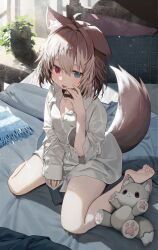 Rule 34 | 1girl, :d, animal collar, animal ear fluff, animal ears, bare legs, barefoot, bed, blue eyes, breasts, brown hair, collar, dog ears, dog girl, dog tail, ear down, feet, full body, hasuki rui, heterochromia, highres, indie virtual youtuber, light brown hair, long sleeves, looking at viewer, mamemochi, medium hair, multicolored hair, no pants, on bed, open mouth, pillow, plant, potted plant, red eyes, second-party source, shirt, sitting, small breasts, smile, soles, stuffed animal, stuffed dog, stuffed toy, tail, toes, two-tone hair, virtual youtuber, wariza, white shirt