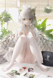 Rule 34 | 1girl, arknights, ass, bottomless, bow, breasts, cleavage, collared shirt, cushion, drawing (object), feet, green eyes, hair bow, hand up, hanging plant, indoors, kal&#039;tsit (arknights), knees up, legs, looking at viewer, omone hokoma agm, panties, panties under pantyhose, pantyhose, plant, potted plant, pussy, red pupils, rhodes island logo (arknights), shirt, sitting, solo, underwear, white bow, white panties, white pantyhose, white shirt, window blinds