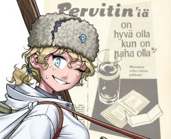 Rule 34 | 1girl, blonde hair, blue eyes, blue hairband, breasts, character request, clothing request, copyright request, drugs, finnish army, finnish text, fur hat, glass, hairband, hat, medium breasts, medium hair, methamphetamine, military, military uniform, one eye closed, open mouth, ostwindprojekt, pervitin, ponytail, skis, smile, sweatdrop, tagme, uniform, ushanka, water