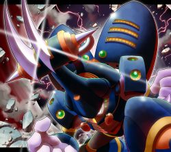 Rule 34 | 1boy, armor, clenched hand, commentary request, debris, electricity, glint, gloves, gravity beetle (mega man), horns, letterboxed, looking at viewer, male focus, mega man (series), mega man x3, mega man x (series), napo, robot, rock, single horn, smoke, solo, spikes, white gloves