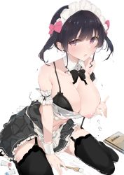 Rule 34 | 1girl, absurdres, bare shoulders, black bow, black bowtie, black bra, black dress, black thighhighs, blunt bangs, blush, bow, bowtie, bra, breasts, brush, cleavage, collarbone, detached collar, dress, frilled dress, frills, frown, garter belt, garter straps, hair between eyes, hair bow, half-closed eyes, highres, holding, holding brush, lace, lace-trimmed bra, lace trim, large breasts, looking at viewer, maid, maid headdress, medium hair, midriff, navel, nipples, no shoes, one breast out, open mouth, original, pink bow, pleated dress, purple eyes, purple hair, ringlets, see-through, shimicha, sidelocks, simple background, sitting, sketchbook, soles, solo, sweat, thighhighs, underwear, wariza, water, water drop, wet, white background